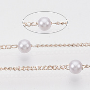 Handmade Brass Chains, with Round ABS Plastic Imitation Pearl Beads, Soldered, with Spool, Creamy White, Rose Gold, 2x1.2x0.4mm, about 39.37 Feet(12m)/roll(CHC-T008-05RG)
