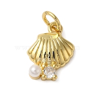 Rack Plating Brass Micro Pave Cubic Zirconia Charms, with ABS Imitation Pearl Beads, Cadmium Free & Lead Free, Long-Lasting Plated, Shell Shape, Real 18K Gold Plated, 13.5x10x4mm, Hole: 3mm(KK-P279-15G)