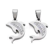 201 Stainless Steel Pendants, with Crystal Rhinestone and Stainless Steel Snap On Bails, Dolphin, Stainless Steel Color, 22x16x3mm, Hole: 4x8mm(STAS-N095-037P)