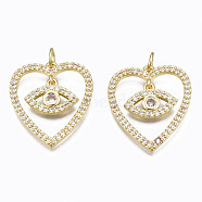 Brass Micro Pave Clear Cubic Zirconia Pendants, with Jump Rings, Nickel Free,  Heart with Eye, Real 16K Gold Plated, 23x20x2mm, Hole: 3mm(ZIRC-N039-146-NF)