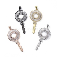 Brass Micro Pave Cubic Zirconia Pendants, Key, Clear, Mixed Color, 45x21.5x2mm, Hole: 4x4mm(ZIRC-G157-17)