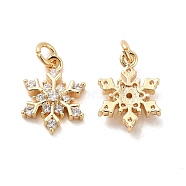 Rack Plating Brass Micro Pave Cubic Zirconia Charms, Long-Lasting Plated, Cadmium Free & Lead Free, with Jump Ring, Snowflake Charm, Real 14K Gold Plated, 15x11.5x4mm, Hole: 3.5mm(KK-E081-15G)
