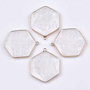 Natural Quartz Crystal Pendants, Rock Crystal Pendants, with Brass Findings, Faceted, Hexagon, Golden, 44~45x36~37x5~6mm, Hole: 2mm(G-T112-19G)