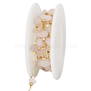 Brass Cable Chains, with Natural Rose Quartz Beaded, Soldered, with Spool, Golden, 3.5~9x6~11x5~7mm, about 3.28 Feet(1m)/Roll, 1 Roll/bag(DIY-OC0010-76)