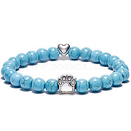 Synthetic Turquoise Bead Stretch Bracelets for Women Men, Heart & Paw Print, 7-1/8 inch(18cm).(XZ2326-1)