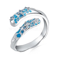 Rhodium Plated 925 Sterling Silver Open Cuff Ring with Clear Cubic Zirconia, Deep Sky Blue Enamel Finger Ring for Women, Platinum, US Size 5 1/4(15.9mm)(JR885A)