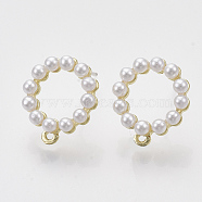 Alloy Stud Earring Findings, with ABS Plastic Imitation Pearl, Raw(Unplated) Pin and Loop, Round Ring, Golden, 15x13mm, Hole: 0.8mm, Pin: 0.7mm(X-PALLOY-N0149-09)