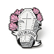Halloween Coffin with Flower Alloy Enamel Pin, Word Get in Loser Brooch for Backpack Clothes, Cross, 29.5x25.5x1.6mm(JEWB-B006-03A)