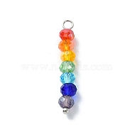 Coloful Faceted Glass Beaded Pendants, 7 Colors Rondelle with Brass Loops, Platinum, 27~27.5x4mm, Hole: 3.5mm(PALLOY-JF02525-02)