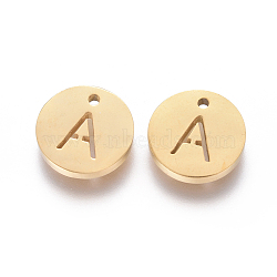 304 Stainless Steel Charms, Ion Plating (IP), Flat Round, Letter.A, 10x1.5mm, Hole: 1mm(STAS-F227-11A-G)