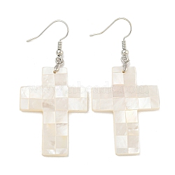 Rack Plating Brass Natural White Shell Dangle Earrings, Platinum, Creamy White, Cross, 60x28mm(EJEW-N055-52I)