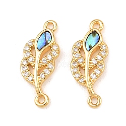 Natural Paua Shell Leaf Links Connector Charms, with Brass Micro Pave Clear Cubic Zirconia Settings, Real 18K Gold Plated, 18x7.5x1.8mm, Hole: 1.2mm(KK-Z140-10G)