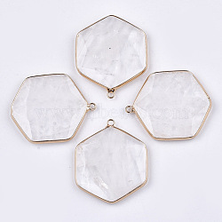 Natural Quartz Crystal Pendants, Rock Crystal Pendants, with Brass Findings, Faceted, Hexagon, Golden, 44~45x36~37x5~6mm, Hole: 2mm(G-T112-19G)