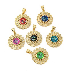 Brass Pendants Micro Pave Cubic Zirconia Pendants, with Enamel & Shell, Real 18K Gold Plated, Flower, Mixed Color, 20.5x18.5x2.5mm, Hole: 5x4mm(KK-K356-11G)