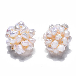 Round Natural Cultured Freshwater Pearl Beads, Handmade Ball Cluster Beads, Creamy White, 12~15mm, Hole: 1.2~1.8mm(PEAR-N020-05C)