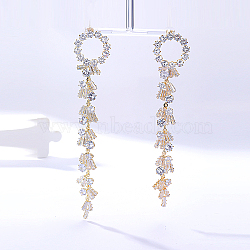 Real 18K Gold Plated Brass Dangle Stud Earrings, Rhinestone Tassel Earrings, Ring, 135x25mm(WY4704-3)