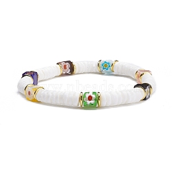 Natural White Shell Beads Stretch Bracelets, with Handmade Millefiori Glass Beads and Elastic Crystal Thread, White, Inner Diameter: 2-1/8 inch(5.5cm)(BJEW-JB07266-02)