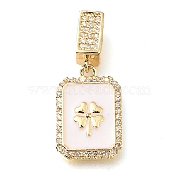 Brass Micro Pave Cubic Zirconia Pendants, with Enamel, Rectangular with Four Leaf Clover Charms, White, 29x13x3mm, Hole: 7x4mm(KK-S049-05G-B)