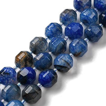 Natural Agate Beads Strands, Faceted Bicone Barrel Drum Beads, with Seed Beads, Dyed, Marine Blue, 12x11mm, Hole: 1.2mm, about 27pcs/strand, 14.49 inch(36.8cm)