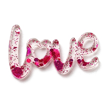 Transparent Acrylic Cabochons, with Sequin, Word LOVE, Deep Pink, 14.5x24x2mm