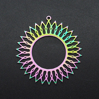 Ion Plating(IP) 201 Stainless Steel Pendants, Laser Cut, Sun, Rainbow Color, 39x37x1mm, Hole: 1.6mm