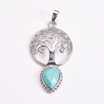 Brass Pendants, Synthetic Turquoise, Faceted, Dyed, Hollow Flat Round with Tree of Life and Teardrop, Platinum, 49x27x6mm