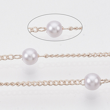 Handmade Brass Chains, with Round ABS Plastic Imitation Pearl Beads, Soldered, with Spool, Creamy White, Rose Gold, 2x1.2x0.4mm, about 39.37 Feet(12m)/roll