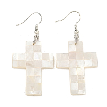 Rack Plating Brass Natural White Shell Dangle Earrings, Platinum, Creamy White, Cross, 60x28mm