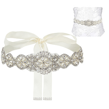 Brass Flower Bridal Belt with Glass Rhinestones for Wedding Dress, Polyester Ribbon Exquisite Sash for Wedding Belt, Platinum, 113-3/8 inch(288cm)