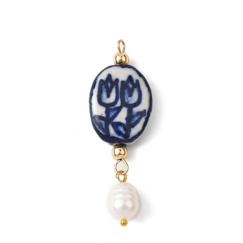 Blue and White Tulip Pattern Oval Porcelain Pendants, Ceramic Charms with Natural Cultured Freshwater Pearl Drop and Brass Loops, Golden, 46.5x16x6.5mm, Hole: 1.8mm