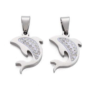201 Stainless Steel Pendants, with Crystal Rhinestone and Stainless Steel Snap On Bails, Dolphin, Stainless Steel Color, 22x16x3mm, Hole: 4x8mm
