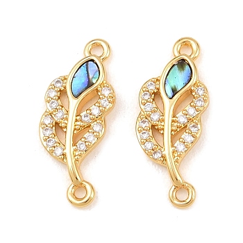 Natural Paua Shell Leaf Links Connector Charms, with Brass Micro Pave Clear Cubic Zirconia Settings, Real 18K Gold Plated, 18x7.5x1.8mm, Hole: 1.2mm