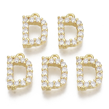 Brass Micro Pave Cubic Zirconia Charms, Nickel Free, Letter, Clear, Real 18K Gold Plated, Letter.D, 13.5x8.5x2.5mm, Hole: 1.2mm