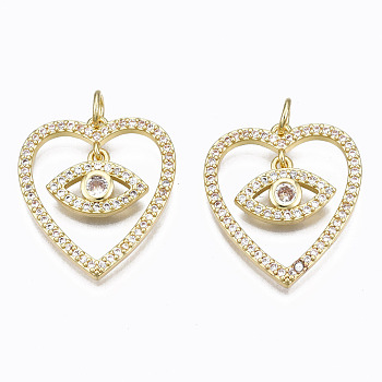 Brass Micro Pave Clear Cubic Zirconia Pendants, with Jump Rings, Nickel Free,  Heart with Eye, Real 16K Gold Plated, 23x20x2mm, Hole: 3mm