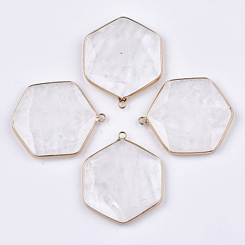 Natural Quartz Crystal Pendants, Rock Crystal Pendants, with Brass Findings, Faceted, Hexagon, Golden, 44~45x36~37x5~6mm, Hole: 2mm