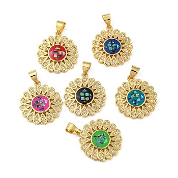 Brass Pendants Micro Pave Cubic Zirconia Pendants, with Enamel & Shell, Real 18K Gold Plated, Flower, Mixed Color, 20.5x18.5x2.5mm, Hole: 5x4mm