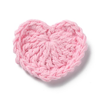 Heart Handmade Crochet Cotton Ornament Accessories, for DIY Sewing Craft Decoration, Pink, 29~34x35~38x3~3.5mm