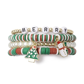 4Pcs 4 Style Polymer Clay Stretch Bracelets Set, Glass Stackable Christmas Bracelets for Women, Mixed Color, Inner Diameter: 2-1/8~2-1/4 inch(5.5~5.6cm), 1pc/style