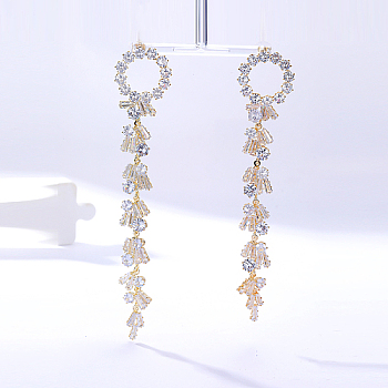 Real 18K Gold Plated Brass Dangle Stud Earrings, Rhinestone Tassel Earrings, Ring, 135x25mm