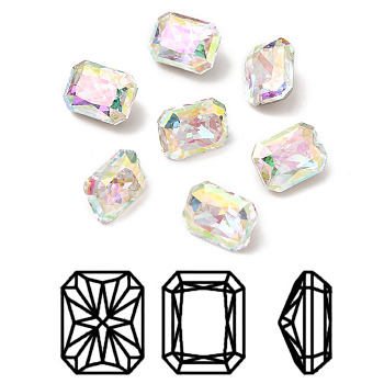 K9 Glass Rhinestone Cabochons, Pointed Back & Back Plated, Faceted, Rectangle, Colorful, 6x8x5mm