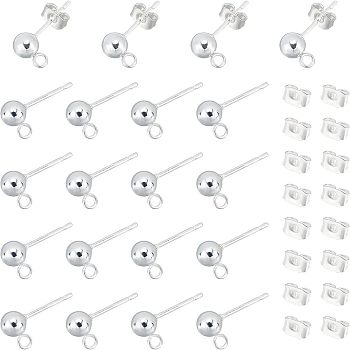 Unicraftale 20pcs 304 Stainless Steel Ball Stud Earring Post, Round Earring Findings with Loop, 20pcs Iron Ear Nuts/Earring Backs, Silver, 16x5mm, Hole: 1.8mm, Pin: 0.8mm