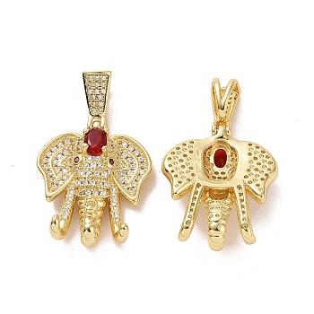 Brass Micro Pave Cubic Zirconia Pendants, Elephant Charms, Golden, Red, 30x24.5x10mm, Hole: 4x8mm