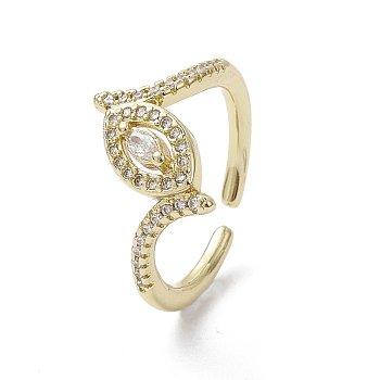 Rack Plating Brass Micro Pave Cubic Zirconia Open Cuff Rings, Horse Eye, Real 18K Gold Plated, Inner Diameter: 17.2mm