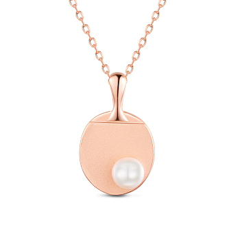 SHEGRACE 925 Sterling Silver Pendant Necklaces, with Freshwater Pearl Beads, Sports Beads, Table Tennis Bat, Rose Gold, 15.7 inch (40cm)