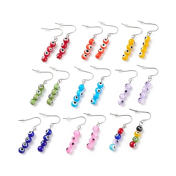 9 Pairs 9 Color Lampwork Evil Eye Round Beaded Dangle Earrings, 304 Stainless Steel Lucky Jewelry for Women, Mixed Color, 40mm, Pin: 0.6mm