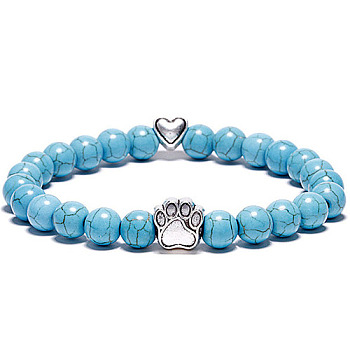 Synthetic Turquoise Bead Stretch Bracelets for Women Men, Heart & Paw Print, 7-1/8 inch(18cm).