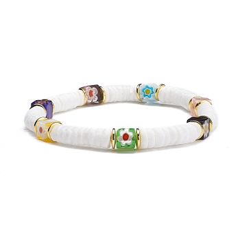 Natural White Shell Beads Stretch Bracelets, with Handmade Millefiori Glass Beads and Elastic Crystal Thread, White, Inner Diameter: 2-1/8 inch(5.5cm)