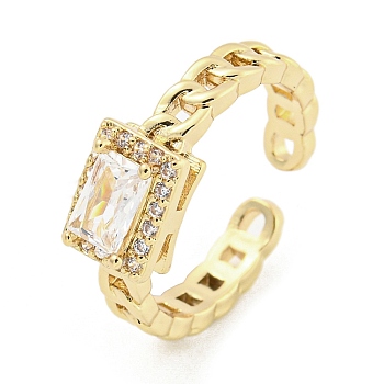 Brass Micro Pave Cubic Zirconia Cuff Rings, Rectangle Open Rings for Women, Long-Lasting Plated, Golden, Adjustable