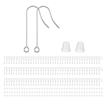 300Pcs 316 Surgical Stainless Steel Earring Hooks, with Horizontal Loops, with 300Pcs Plastic Ear Nuts, Stainless Steel Color, 28mm, Hole: 1.8mm, 21 Gauge, Pin: 0.7mm