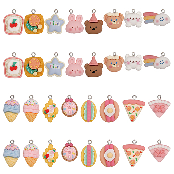32Pcs 16 Style Opaque Resin Pendants, with Platinum Tone Iron Loops, Food/Animal, Mixed Color, 20~27x15~28x5.5~11mm, hole: 2~2.2mm, 2pcs/style